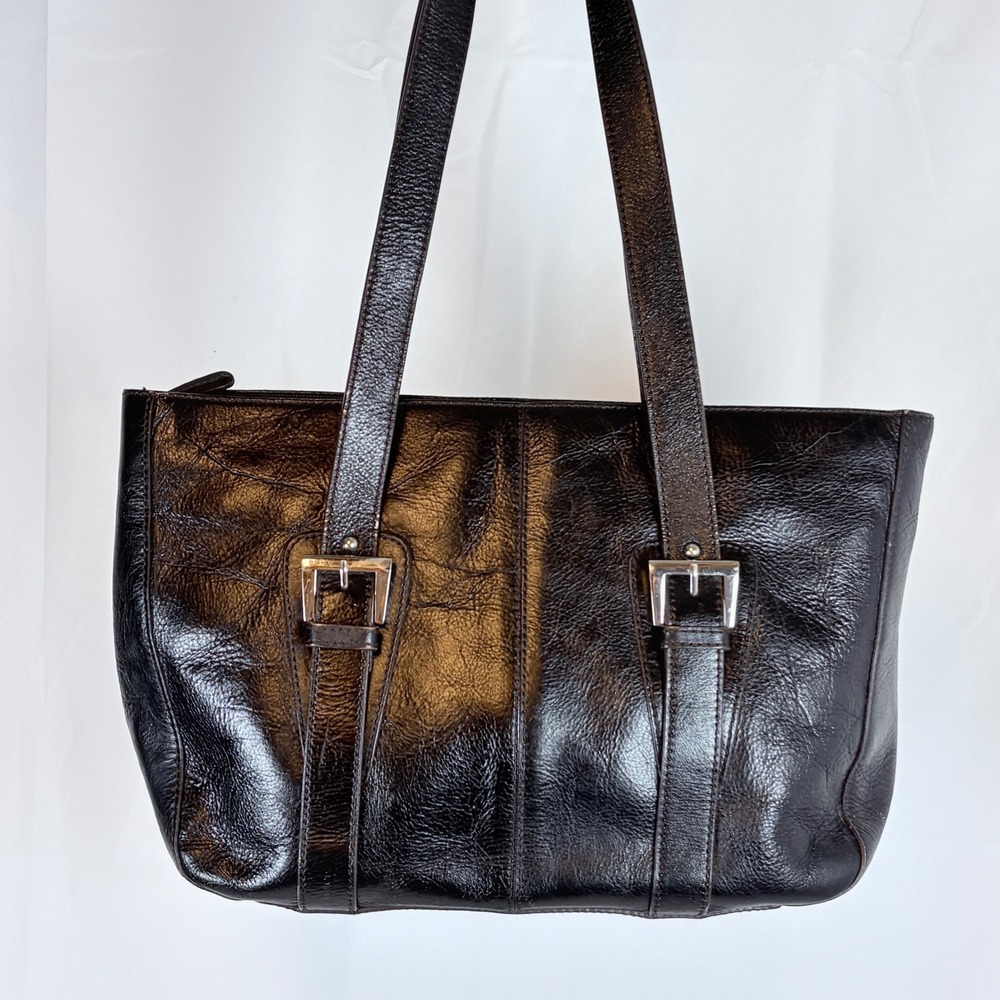 Vtg Etienne Aigner Brown Black Leather Buckle Shoulder Bag Tote Purse Old Money